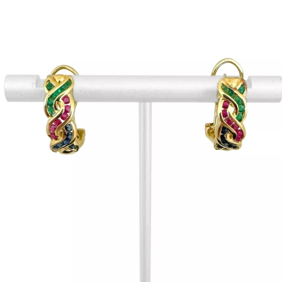18k Yellow Gold 6g Emerald Sapphire and Ruby Braided Huggie Earrings
