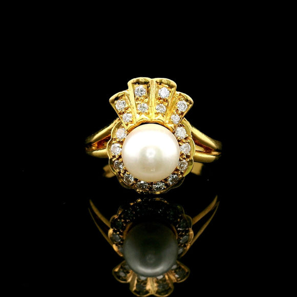 18k Yellow Gold Pearl and Diamond Award Ribbon Ring Size 6