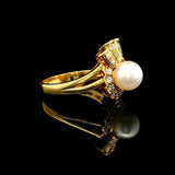 18k Yellow Gold Pearl and Diamond Award Ribbon Ring Size 6
