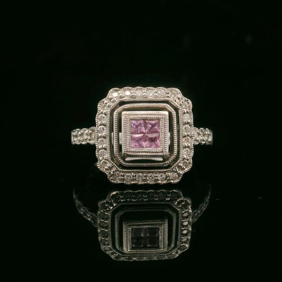 14k White Gold Pink Sapphire and Diamond Vintage Ladies Ring Size 4.25
