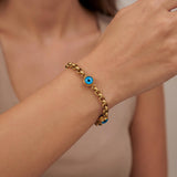 14k Yellow Gold 11.8g Glass Cabochon Evil Eye and Rolo Link Station Bracelet 8"