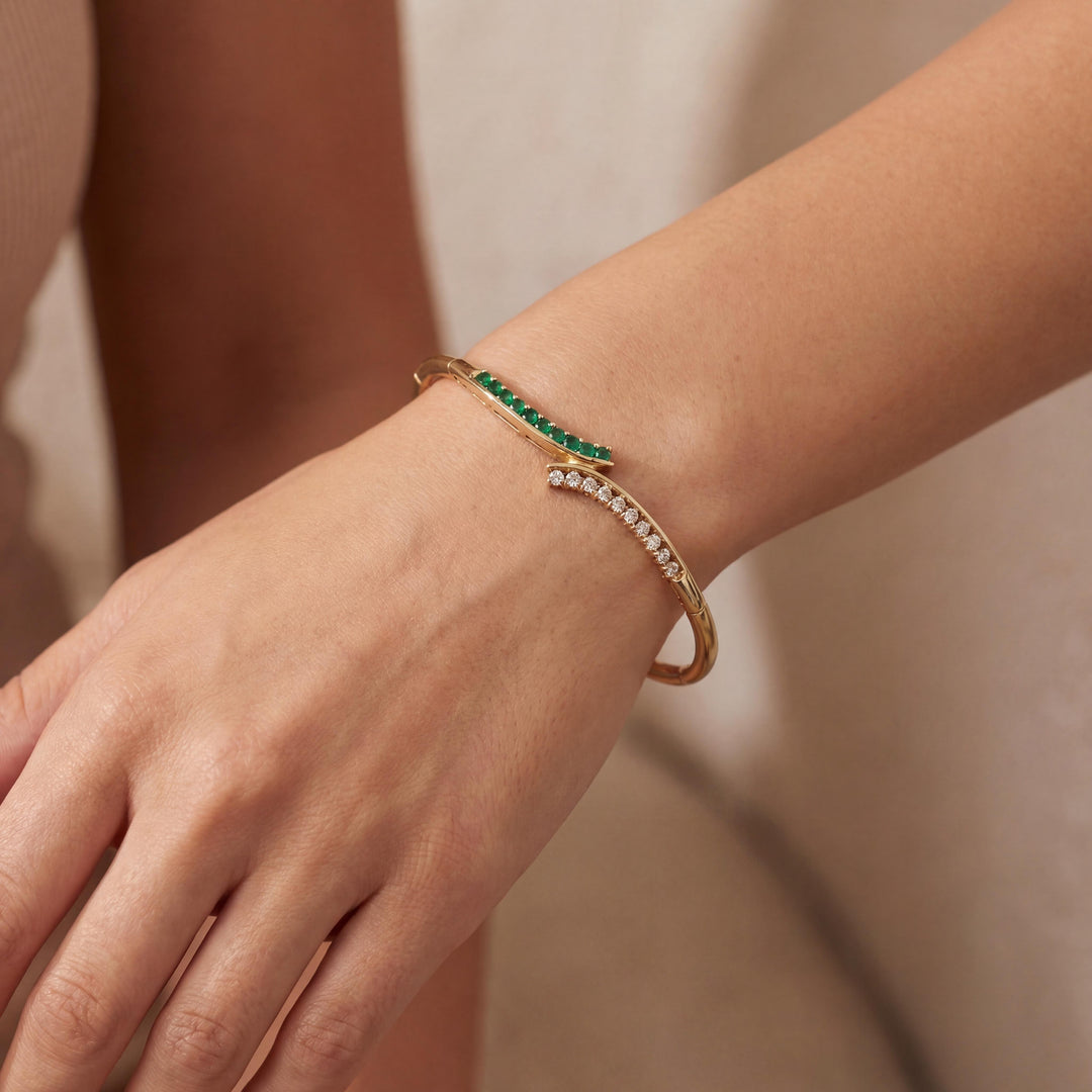14k Yellow Gold 8.2g Emerald and Diamond Bypass Bangle Bracelet 7"