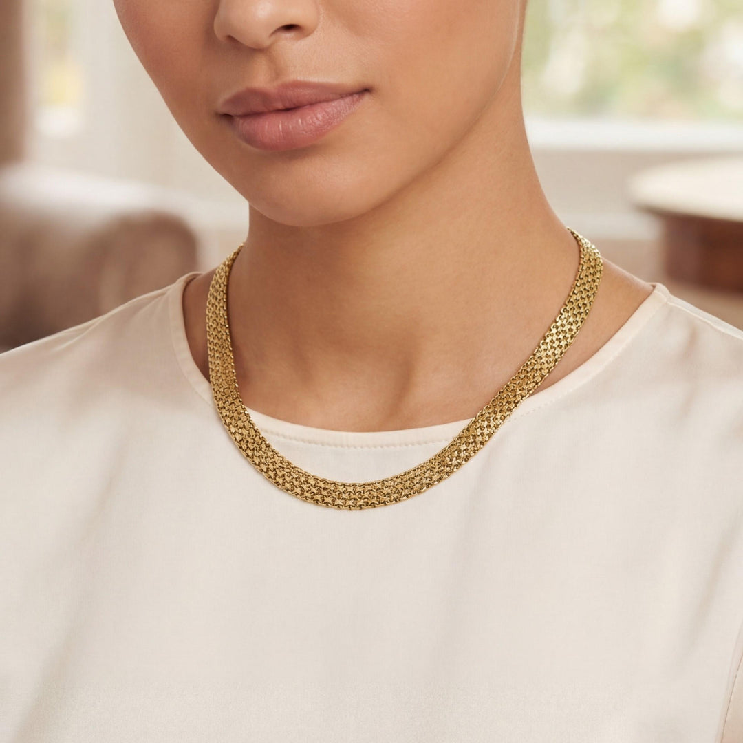 14k Yellow Gold 27.7g Solid Vintage Bismark Link Mesh Necklace Italy 18"