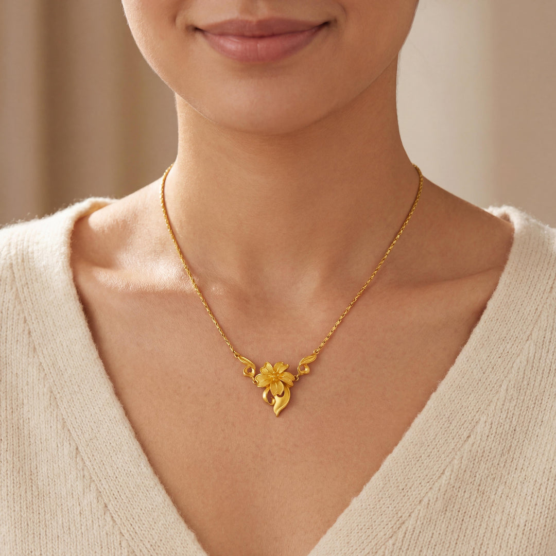 24k Pure Yellow Gold 12.5g Solid Floral Pendant Fancy Link Chain Necklace 16"