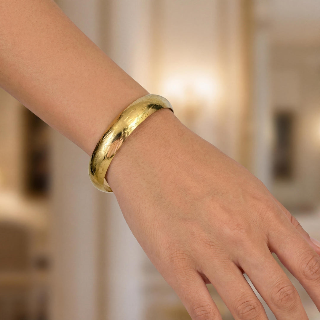 14k Yellow Gold 21.2g Vintage Wide 13mm Etched Bangle Bracelet 7.75"