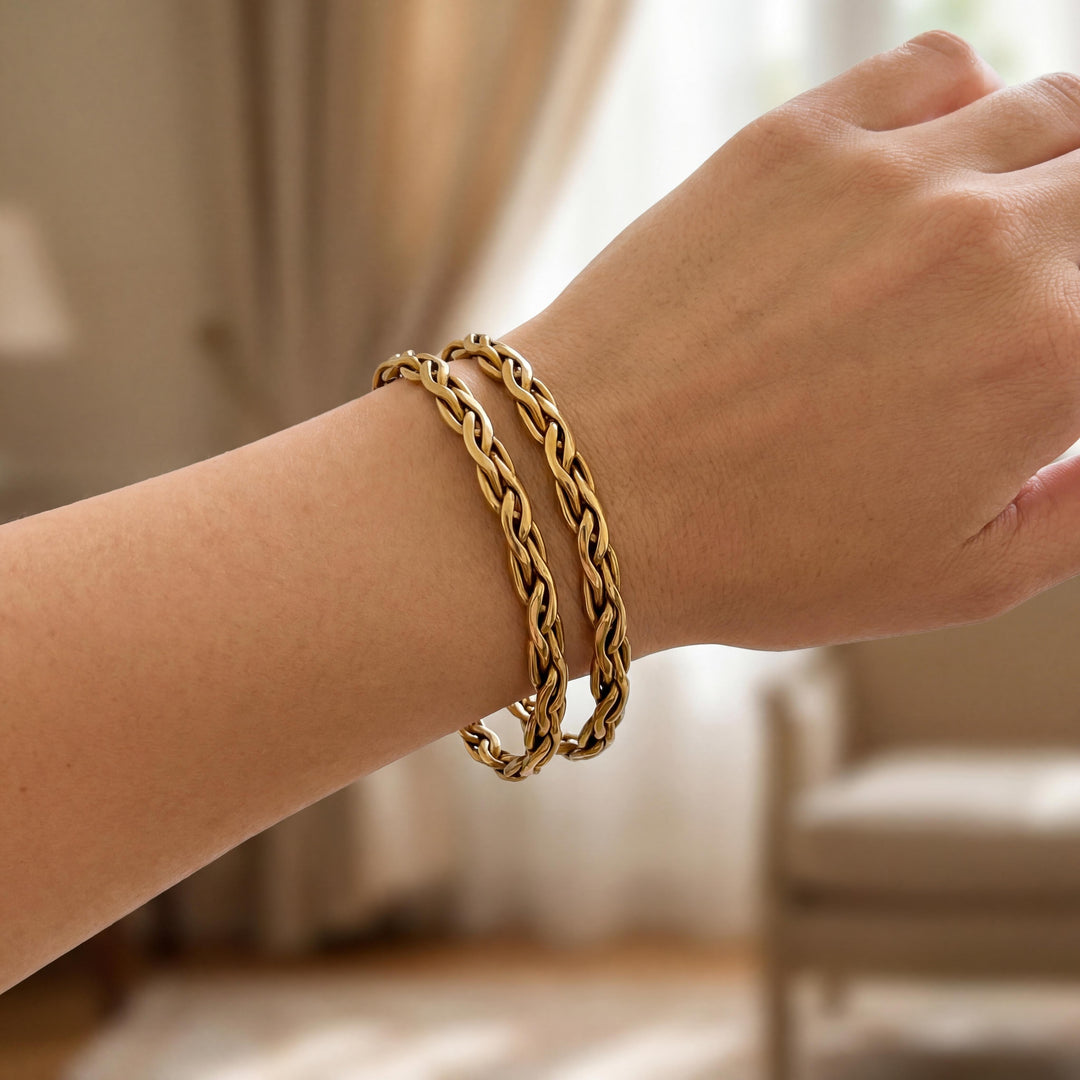 Pair of 14k Yellow Gold 30.5g Solid Braided 5mm Round Bangle Bracelets 7.75"