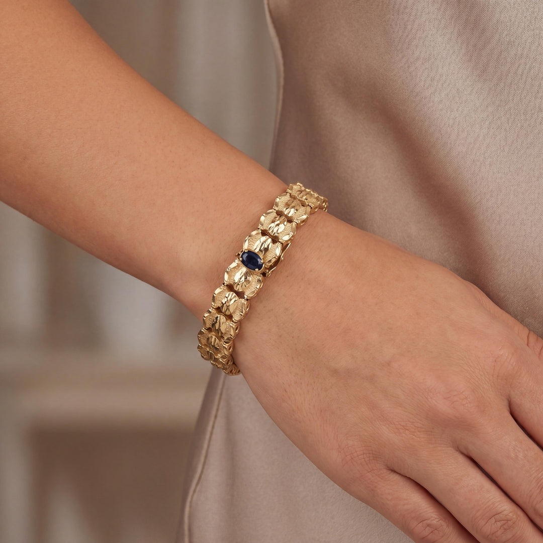 14k Yellow Gold and Cabochon Sapphire 17.2g Solid Vintage Fancy Link Bracelet 7"