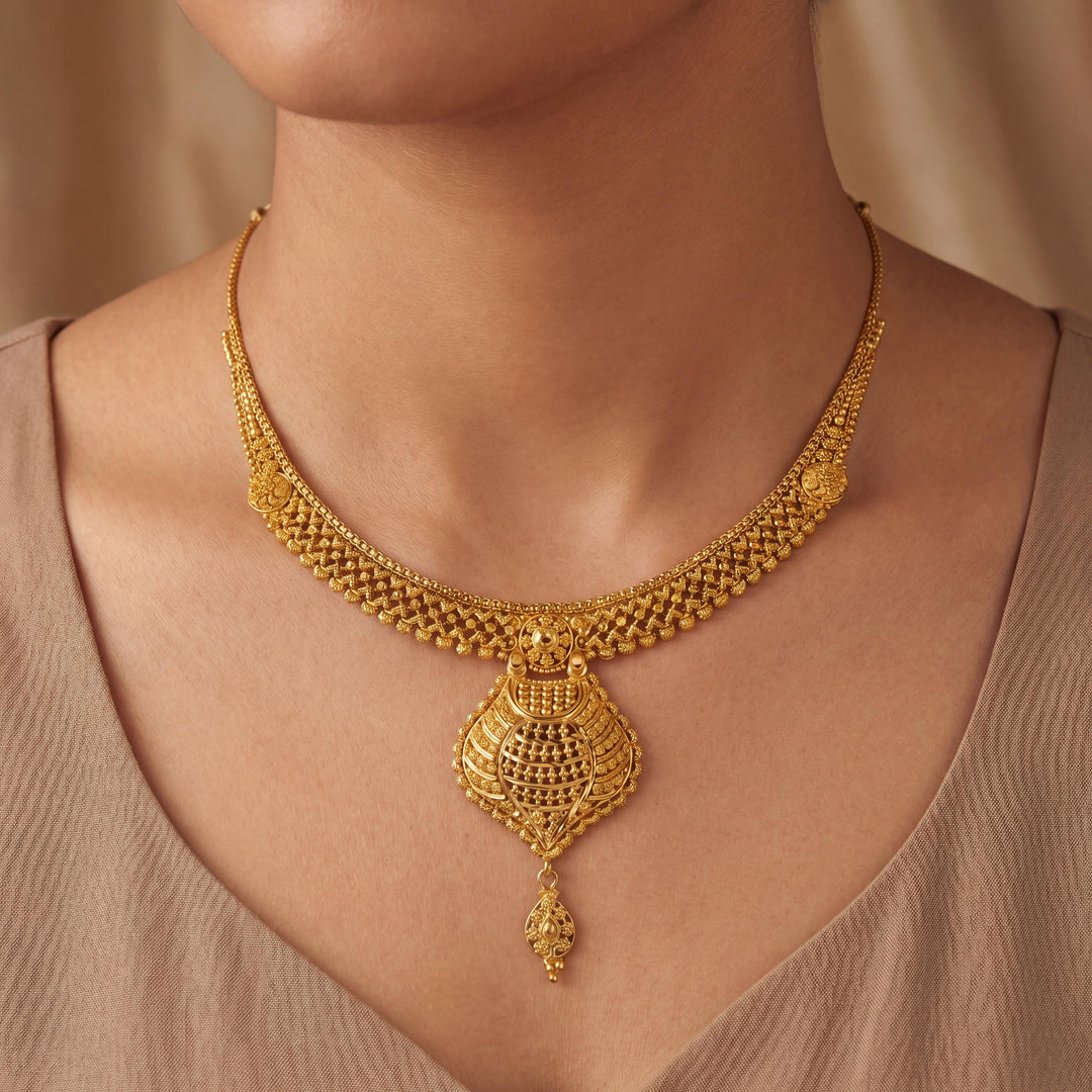 22k Yellow Gold 19g Indian Fancy Link Ornate Drop Pendant Necklace 15"