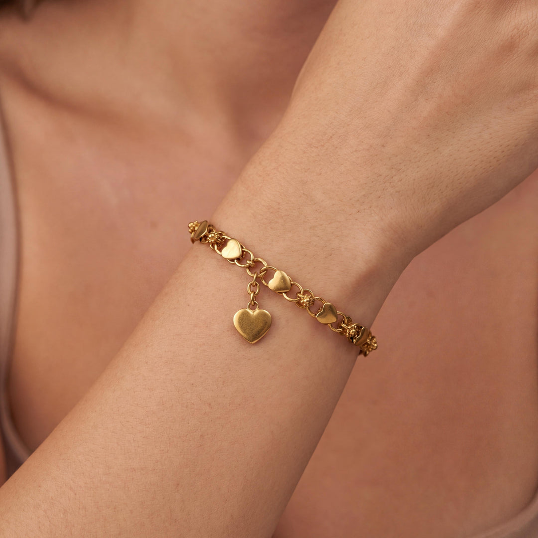 24k Pure Yellow Gold 10.4g Fancy Heart Link Bracelet with Heart Charm 6.25"