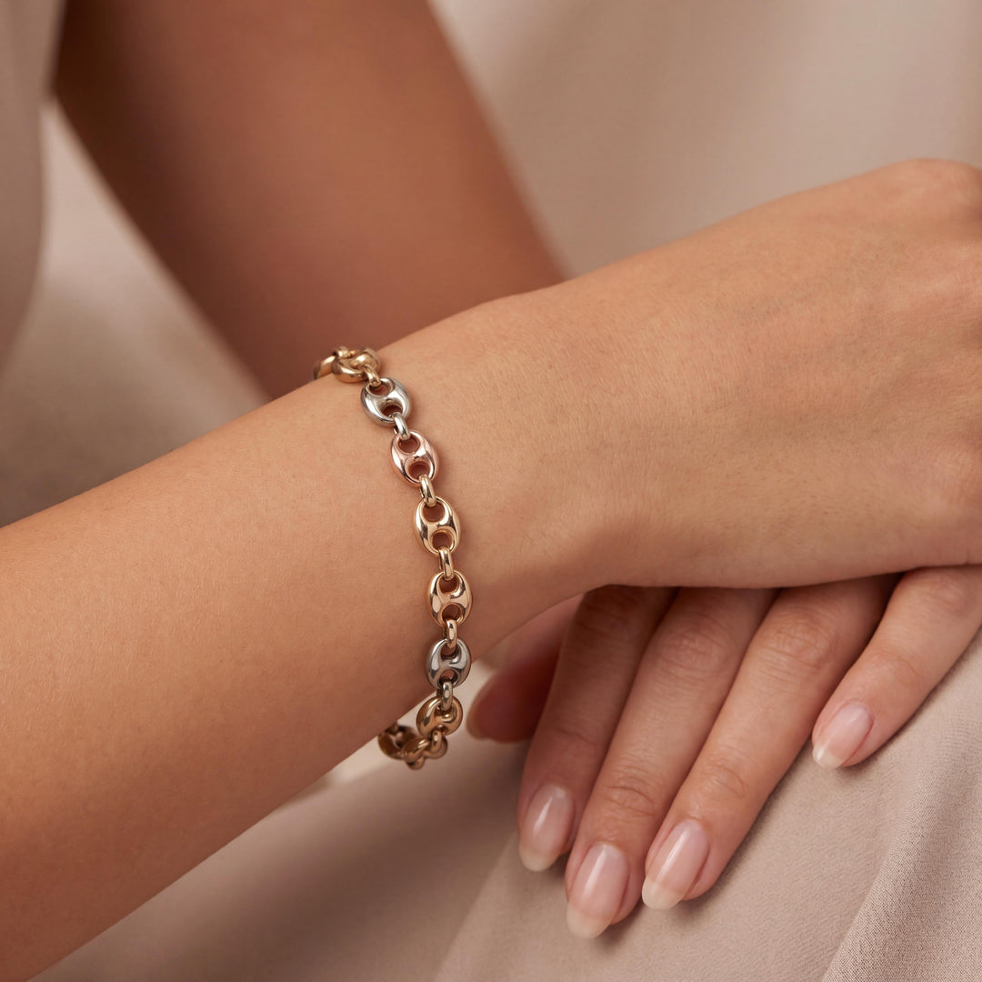 14k Yellow White and Rose Gold 6.2g Puffy Mariner Link Bracelet Italy 7.5"