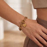 14k Yellow Gold 22.6g Circle Link Bracelet with Heart Charm Toggle 7.5"