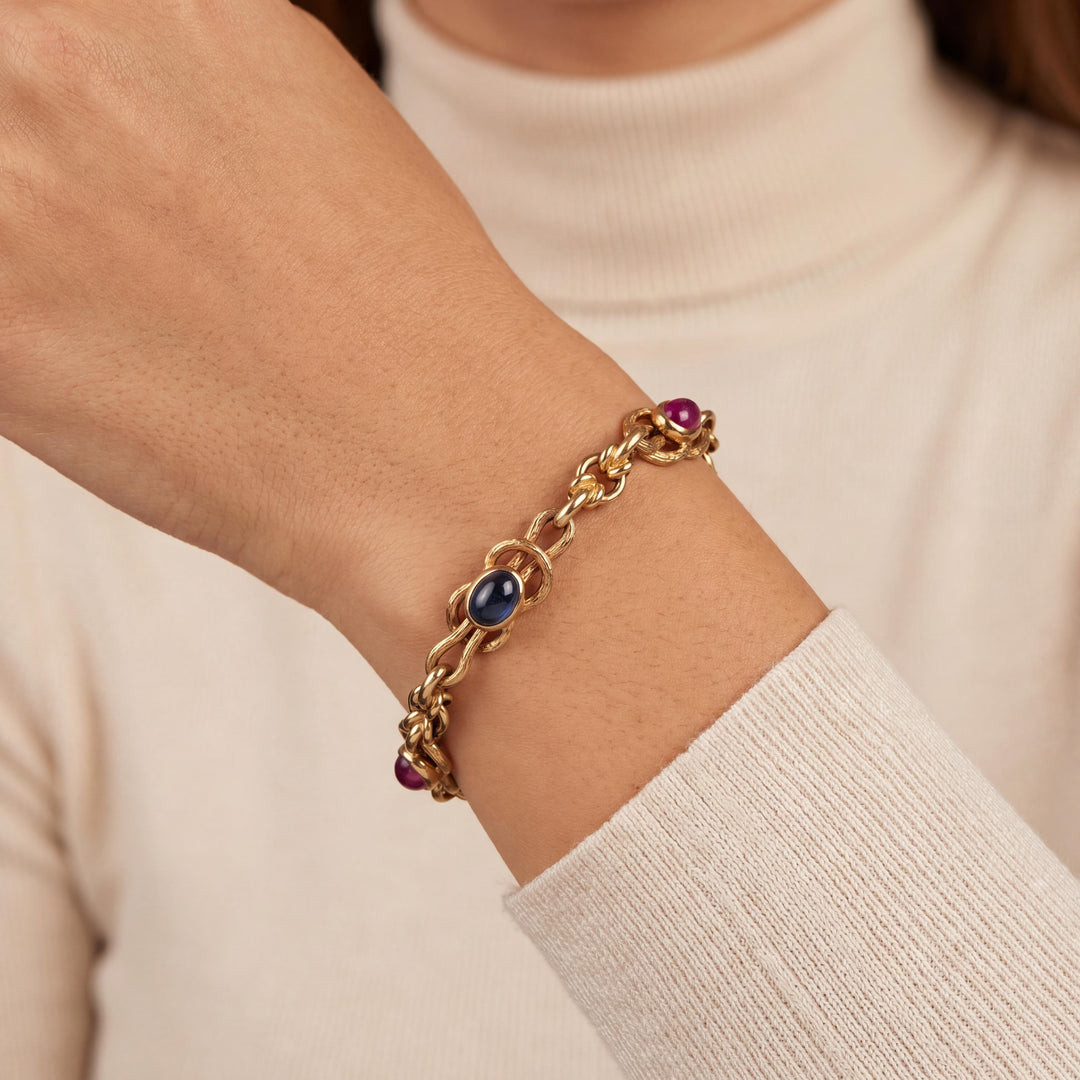 19k Portuguese Yellow Gold 28.2g Solid Cabochon Sapphire and Ruby Bracelet 7.5"