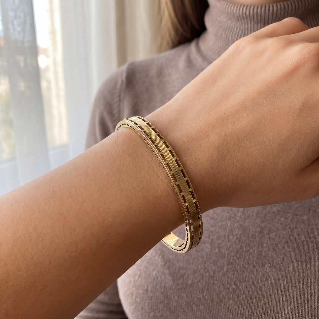 14k Yellow Gold 12g Solid Vintage 6mm Fancy Bangle Bracelet 7"