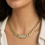 14k Yellow Gold 26.8g Semi Solid Cuban Link CZ Clasp Chain Necklace Italy 17.5"