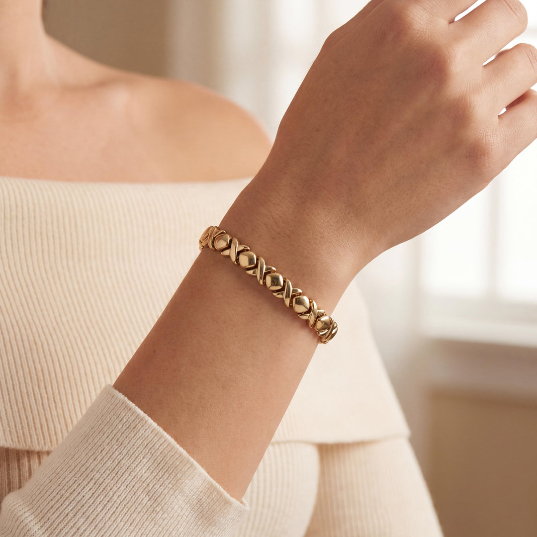 14k Yellow Gold 15.2g Ladies 8.5mm XO Hugs and Kisses Link Bracelet Italy 7.25"