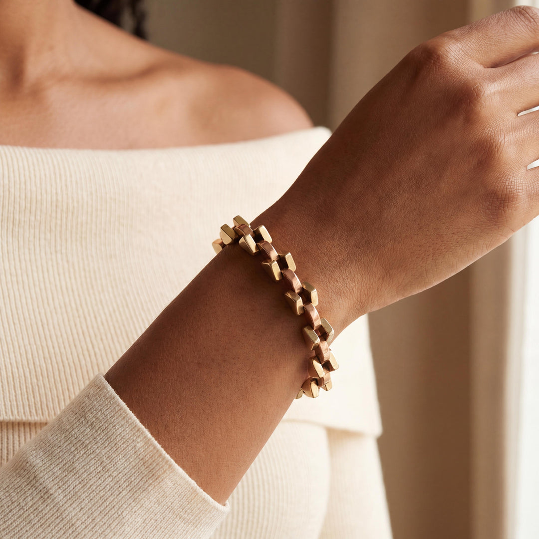14k Yellow and Rose Gold 18.5g Vintage Geometric Fancy Link Bracelet 6.75"