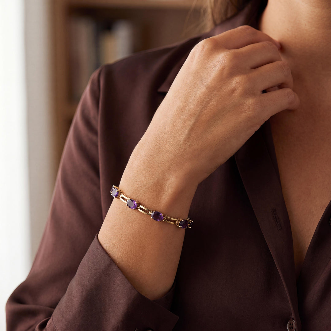 14k Yellow Gold and Amethyst 12.4g Fancy Link Bracelet 7"