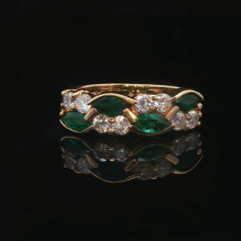 18k Yellow Gold Emerald and Diamond Band Ring Size 5