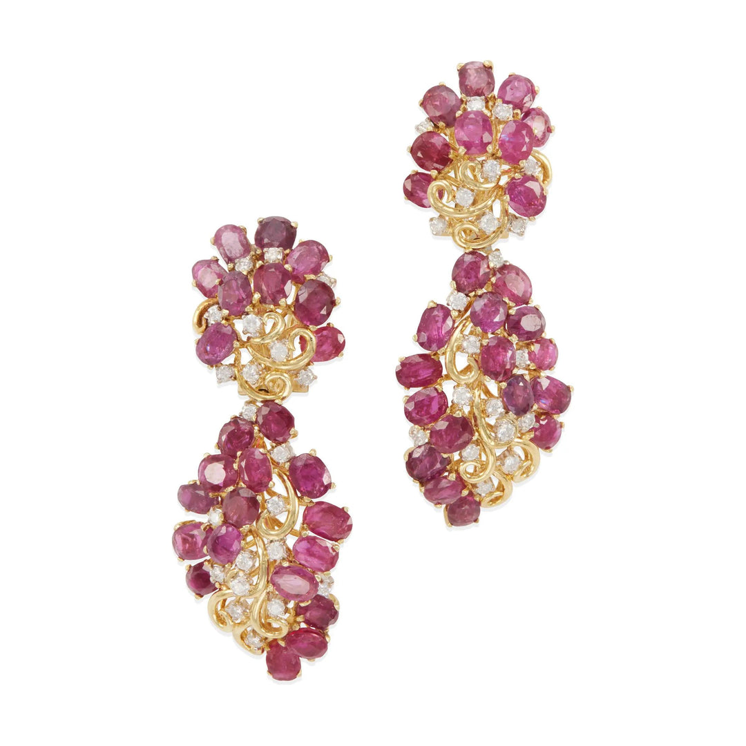 14k Yellow Gold 18cttw Ruby and 1cttw Diamond Large Heavy Drop Dangle Earrings