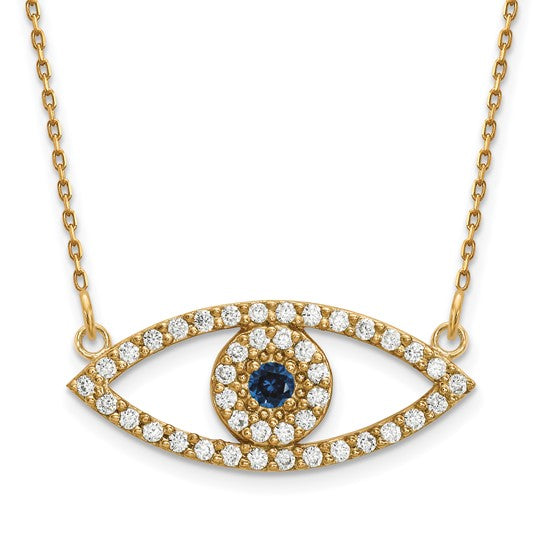 Brand New 14k Yellow Gold Diamond and Sapphire Evil Eye Pendant Necklace 18