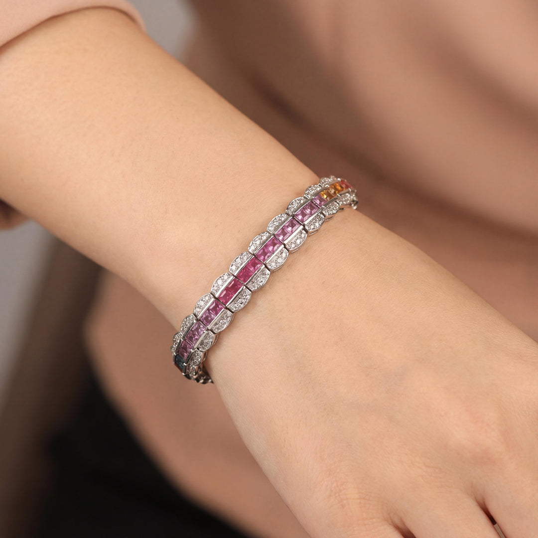 14k White Gold 1.6cttw Diamond and Rainbow Sapphire Link Bracelet 7"