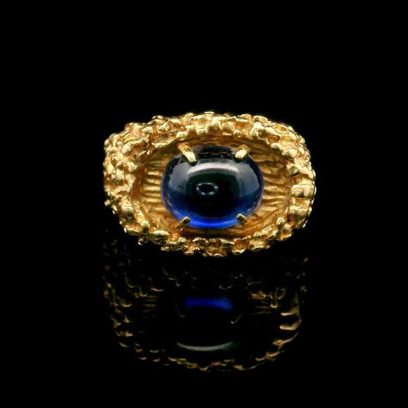 14k Yellow Gold and Cabochon Blue Sapphire 13.2g Vintage Nugget Ring Size 6