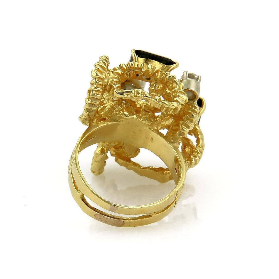 18k Yellow Gold Diamond & Green Tourmaline Fancy Textured Ring Size 7