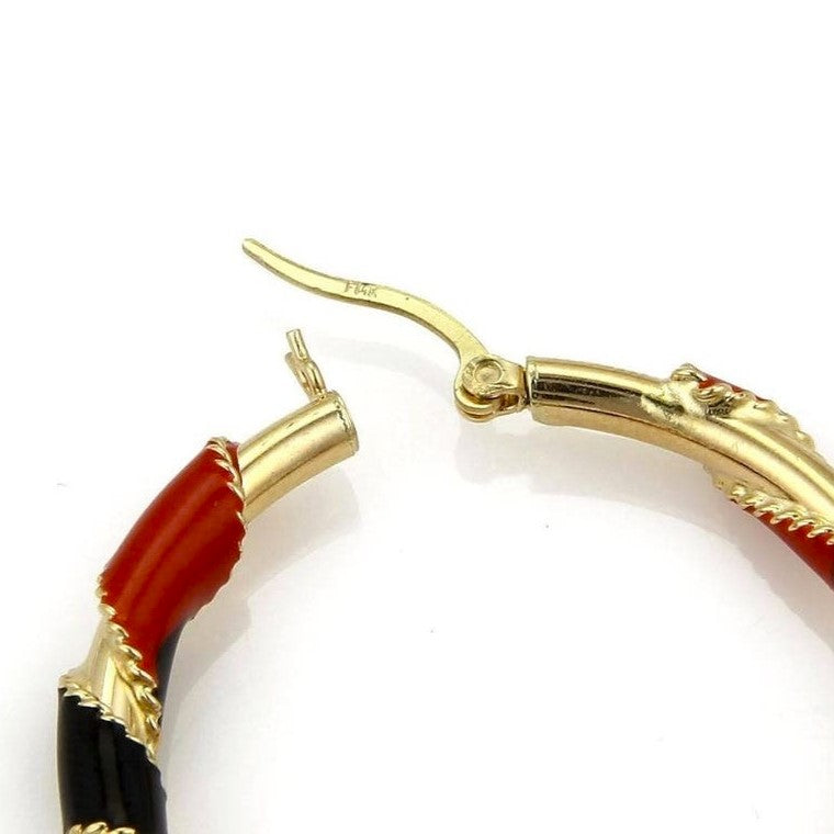 14k Yellow Gold Red & Black Enamel Ribbon Hoop Earrings 1.5"