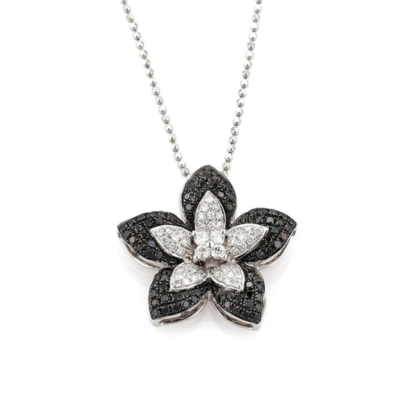 14k White Gold Black & White Diamond Flower Pendant Necklace 15.5