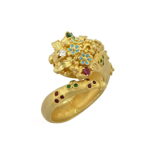 18k Yellow Gold Diamond Ruby Emerald and Enamel Snake Bypass Ring Size 7