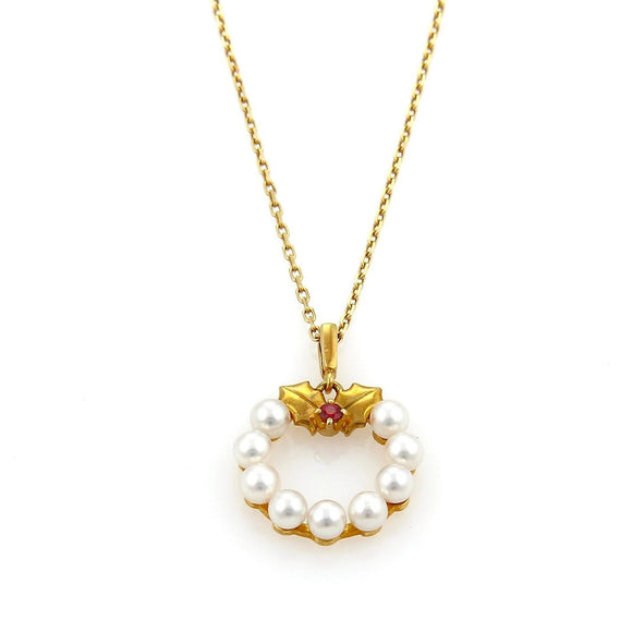 Mikimoto Akoya Pearls & Ruby 18k Yellow Gold Wreath Pendant Necklace 15