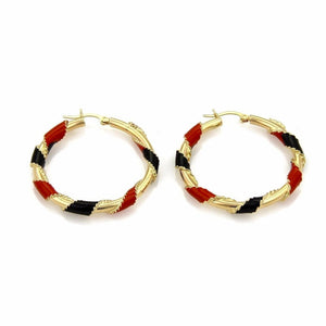 14k Yellow Gold Red & Black Enamel Ribbon Hoop Earrings 1.5"
