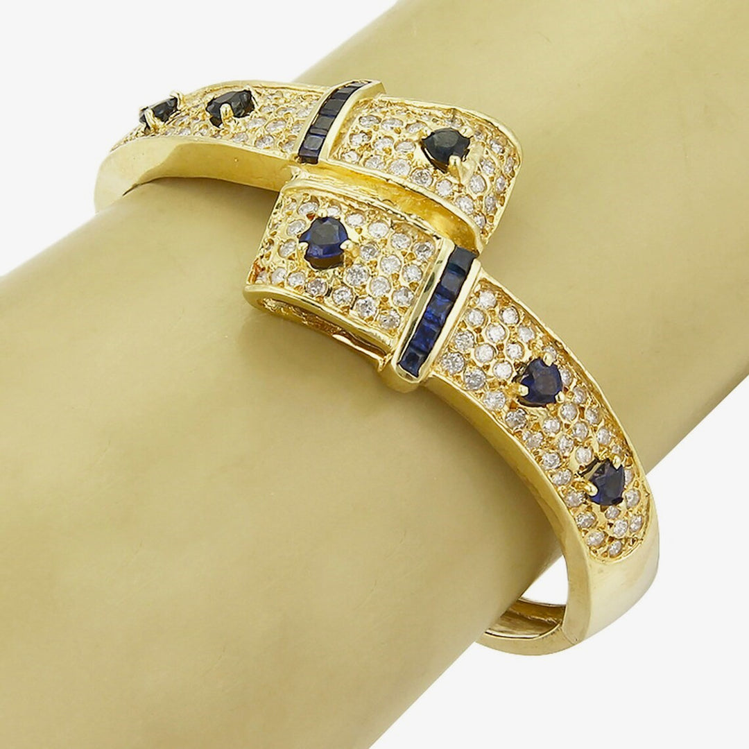 14k Yellow Gold 1.75cttw Diamond & 2cttw Sapphire Bypass Bangle Bracelet 6.5"
