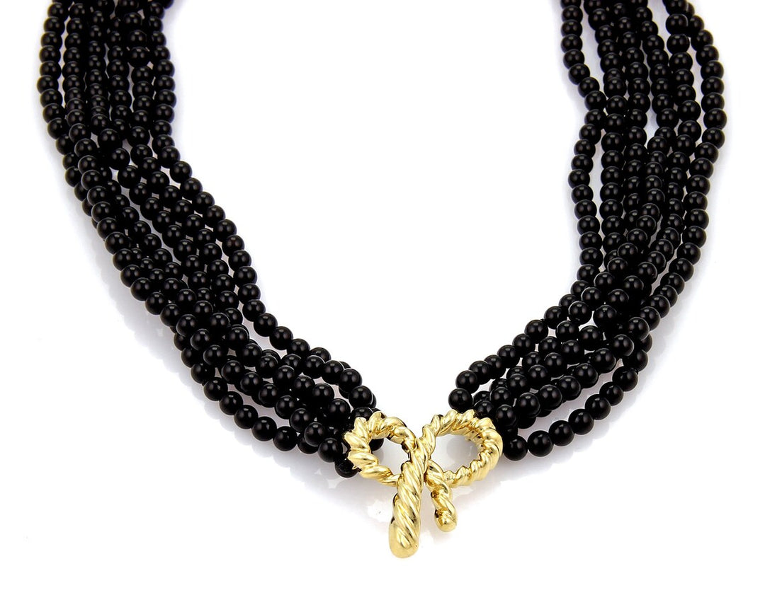 Tiffany & Co. 18k Yellow Gold Bow Pendant Multi-Strand Onyx Bead Necklace 18"