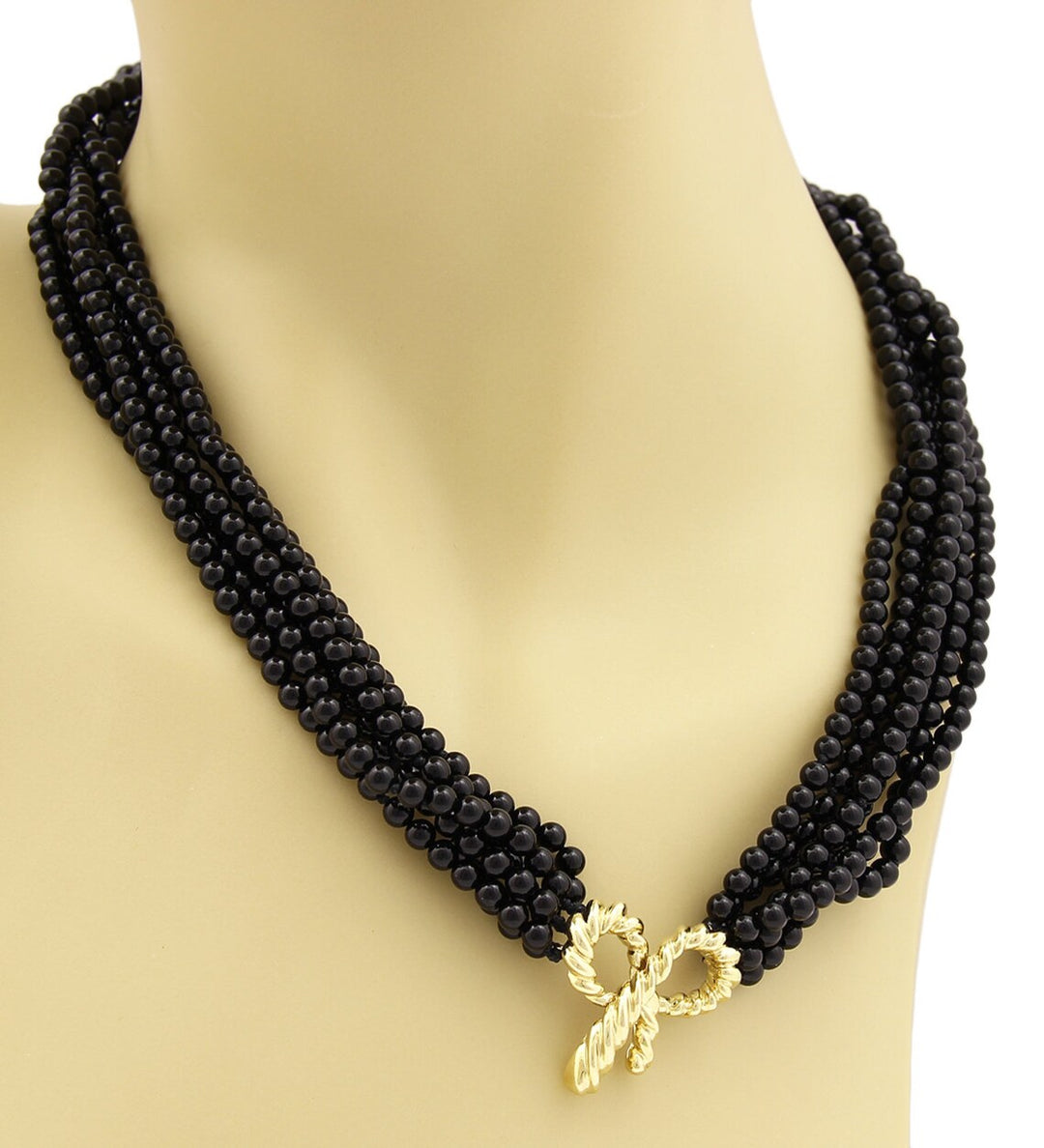 Tiffany & Co. 18k Yellow Gold Bow Pendant Multi-Strand Onyx Bead Necklace 18"