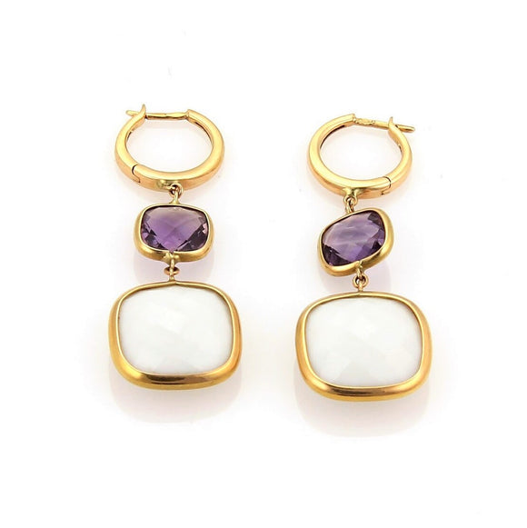 18k Rose Gold White Agate and Amethyst Drop Dangle Earrings 1.75