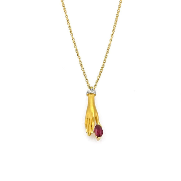 Carrera y Carrera 18k Yellow Gold Diamond & Ruby Hand Pendant Necklace 18