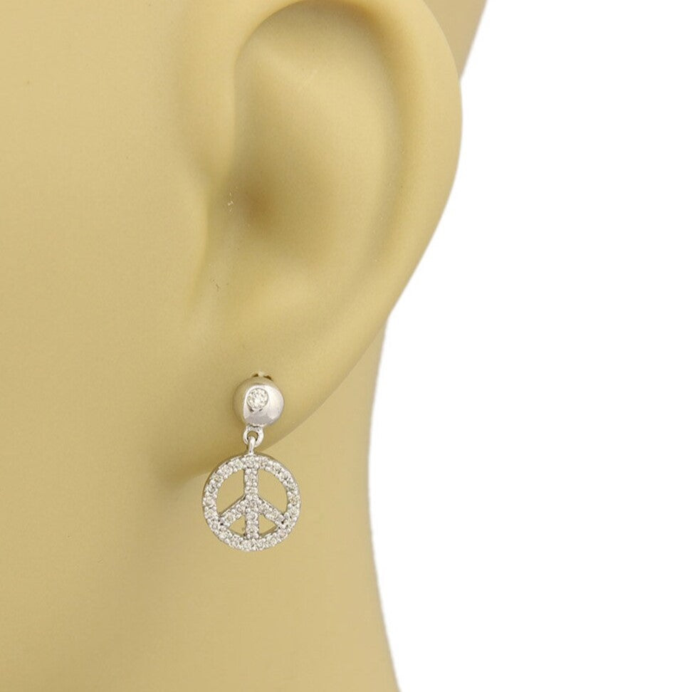 14k White Gold and Diamond Peace Sign Dangle Earrings