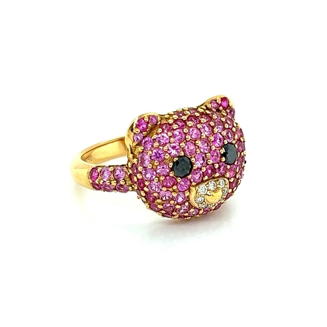 18k Rose Gold Diamond and Pink Sapphire Unique Cat Ring Size 6