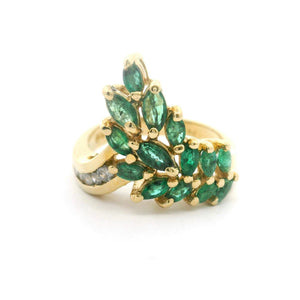 14k Yellow Gold Emerald and Diamond Floral Ring Size 7