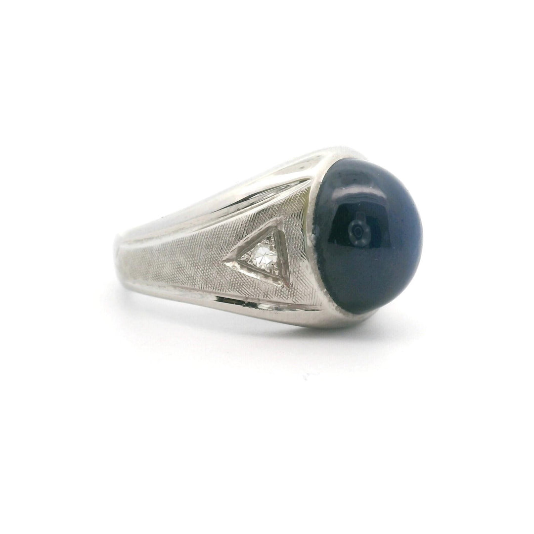 14k White Gold Blue Star Sapphire and Diamond Men's Vintage Ring Size 8.5