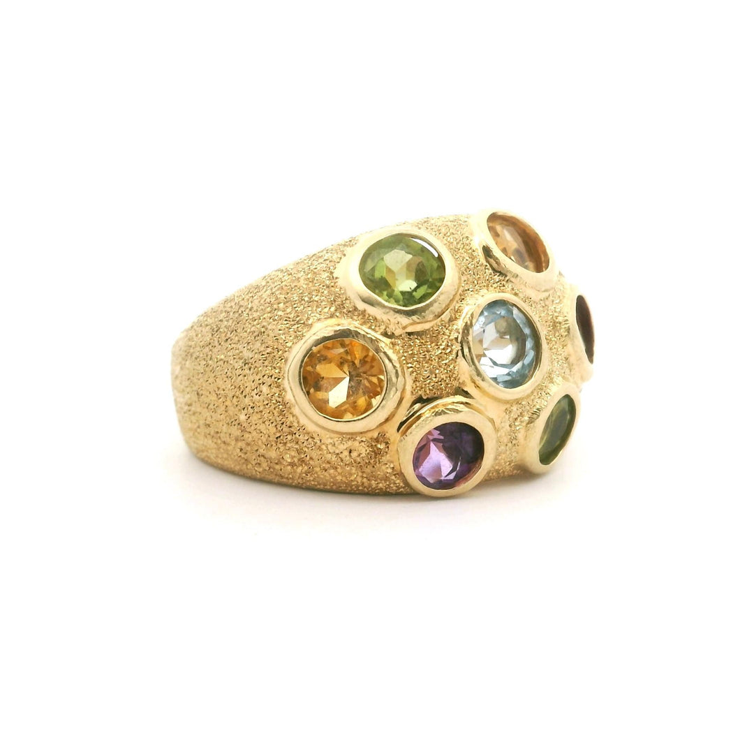 14k Yellow Gold 9.5g Textured Bezel Set Multi Gemstone Ring Size 9.5