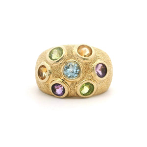 14k Yellow Gold 9.5g Textured Bezel Set Multi Gemstone Ring Size 9.5