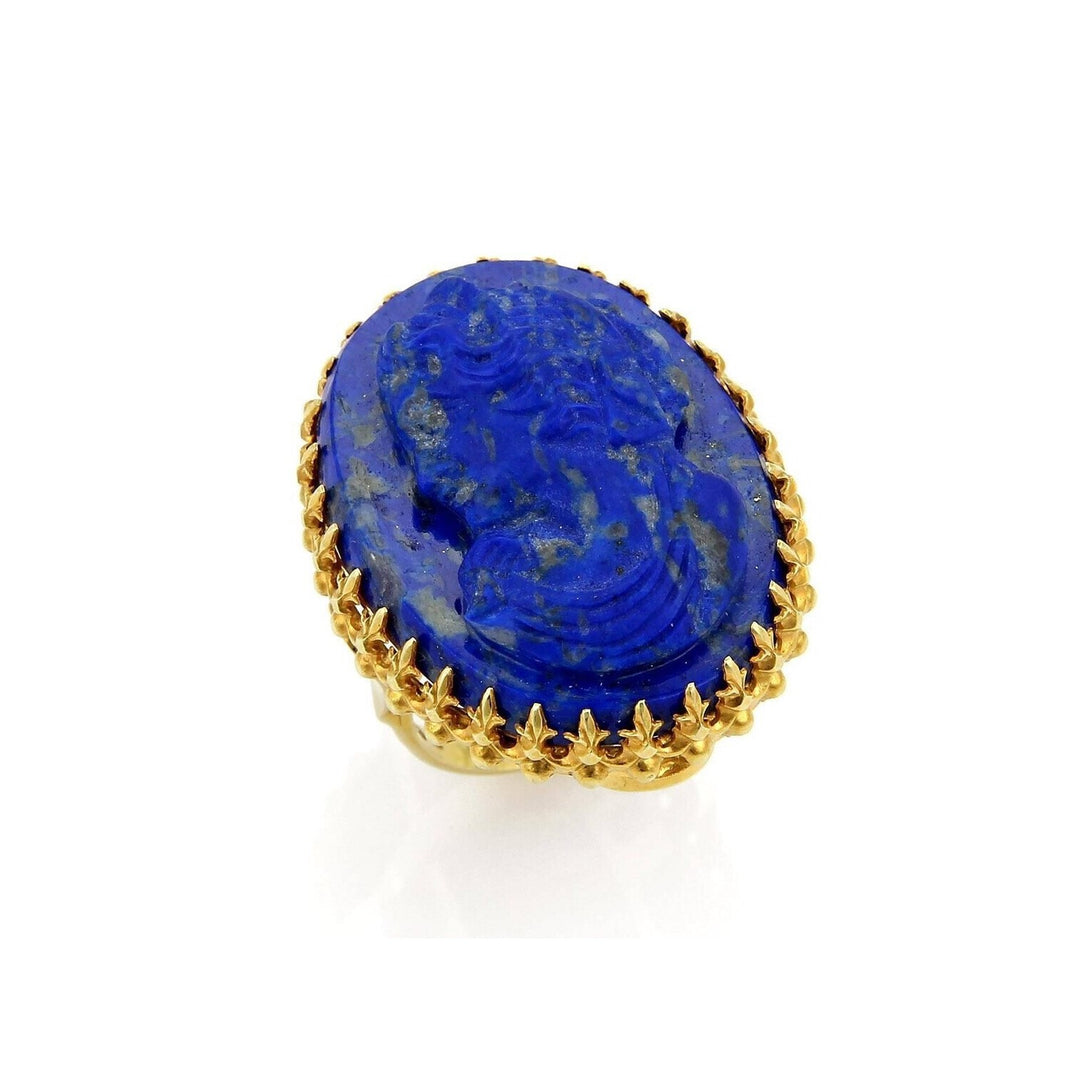 14k Yellow Gold and Carved Lapis Girl Cameo Fancy Prong Frame Ring Size 7