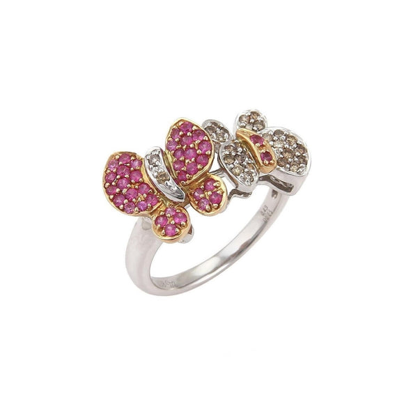 18k Gold Champagne Diamond & Pink Sapphire Double Butterfly Ring Size 8