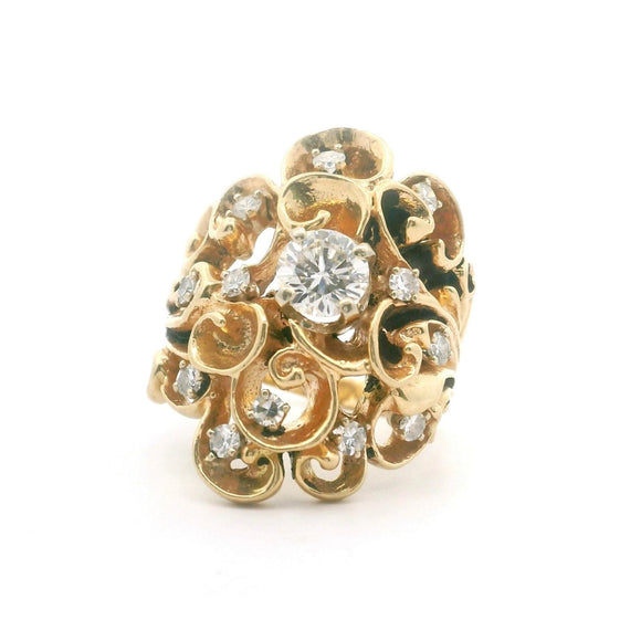 14k Yellow Gold and 1ct Natural Diamond Vintage Heavy Floral Ring Size 8