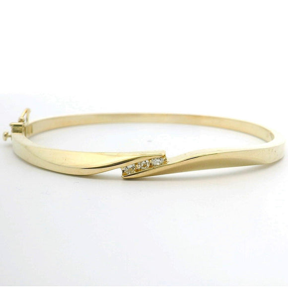 14k Yellow Gold and Three Diamond Bypass Bangle Bracelet 6.75