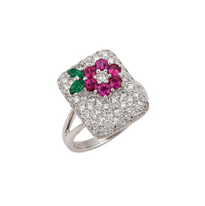 18k White Gold Diamond Emerald and Sapphire Floral Ring Size 6.5