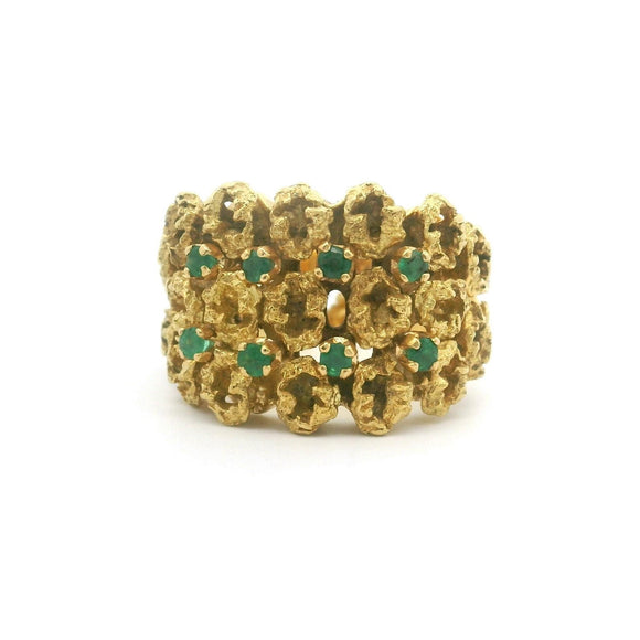 18k Yellow Gold and Emerald 9.7g Vintage Nugget Band Ring Size 4