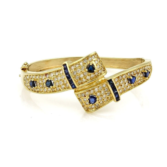 14k Yellow Gold 1.75cttw Diamond & 2cttw Sapphire Bypass Bangle Bracelet 6.5